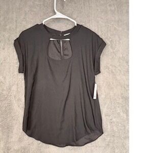 SO Goods For Life Womens Black Cutout Neckline Short Sleeve Blouse Top Med NEW